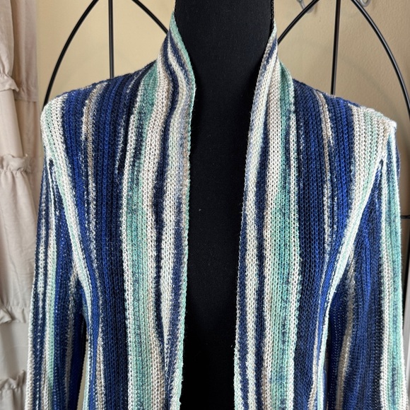 Chico's Blue and Green Linen Blend Striped Open Cardigan Sweater Size M - Picture 3 of 8